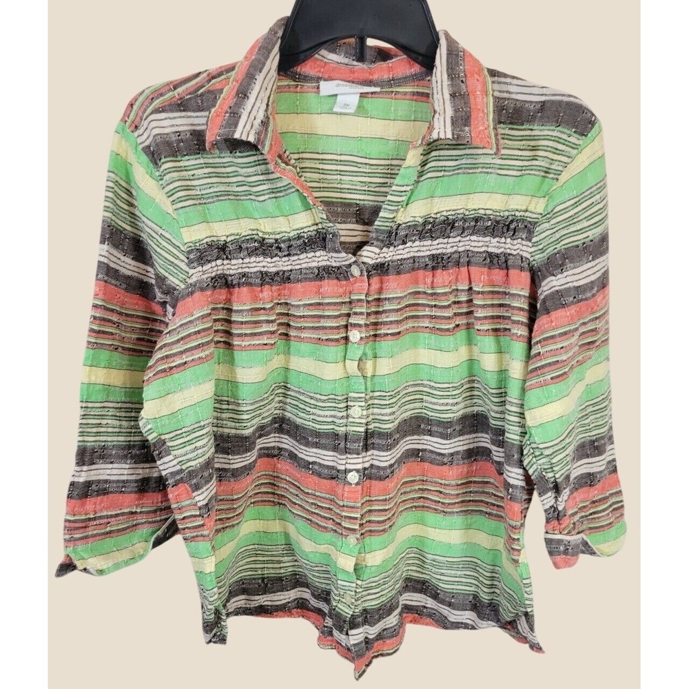 Dressbarn Woman Button Up Shirt Boho Coastal Striped Cotton Top Green Pink 2X
